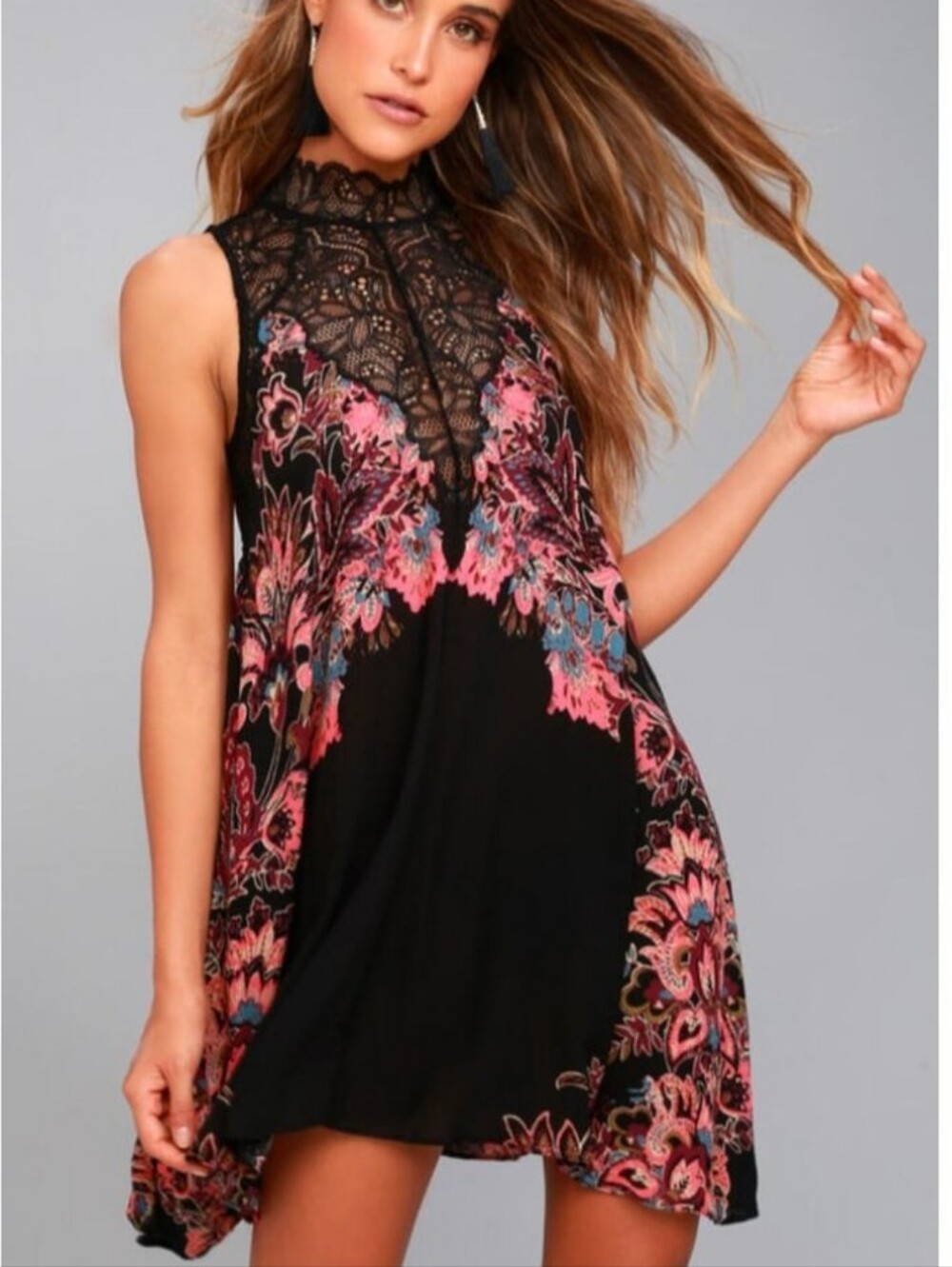 FREE PEOPLE Marsha Black Pink Slip Dress Floral Lace Mock Neck Pullover Medium S